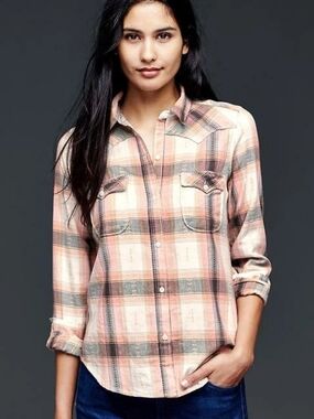 GAP Pink & Brown Western Flannel, M Tall, Long, Desert, Southwestern, Western
